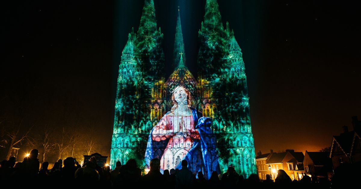 mary on cathedral lights christmas